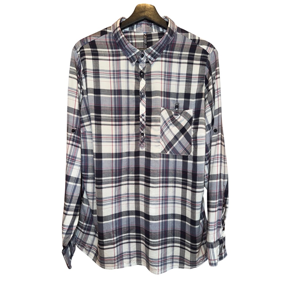 Kuhl Womens 1X Plaid Tencel Henley Long Sleeve Roll Tab Top Grey Red White